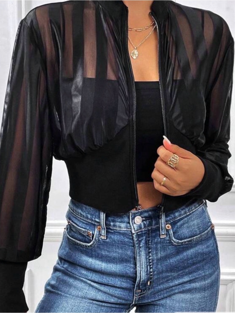 Black Sheer Cropped Jacket - Women's Lightweight Zip Bomber